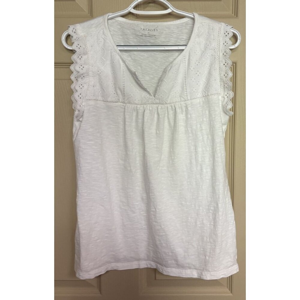 Talbots Blouse Medium Ruffle Trim 100% Cotton Sleeveless Top White Tunic